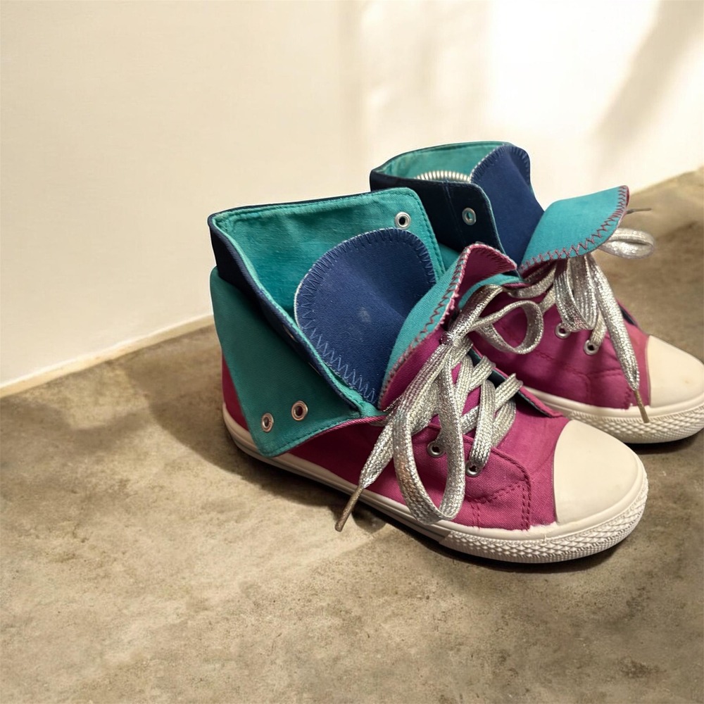 Kids Pink Teal High Top Canvas Punk, Sneakers Silver Glitter Laces Fold Size 2